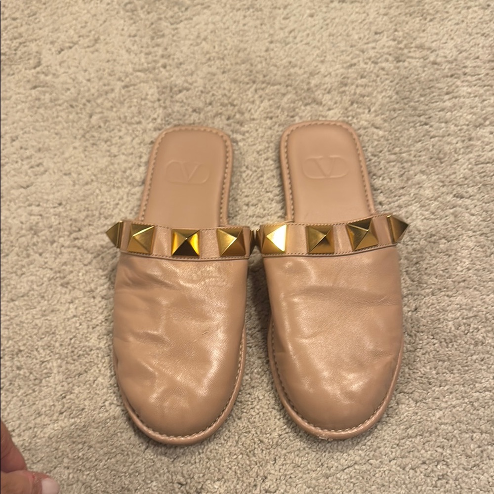 Valentino Beige Leather Studded Mules